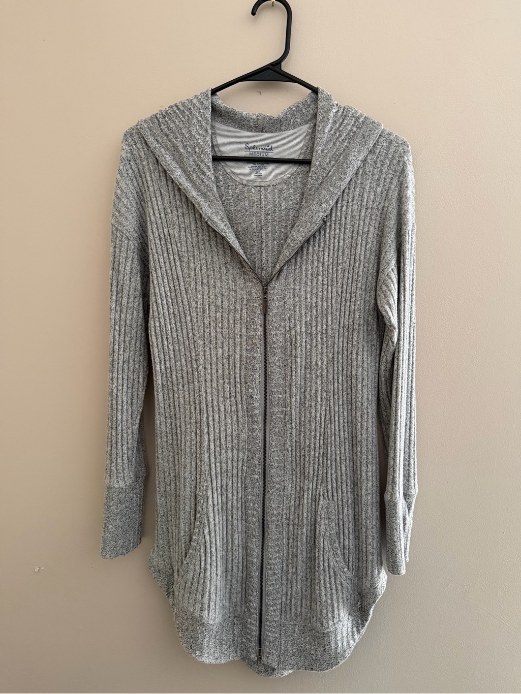 Splendid Grey Ribbed Zip-Front Hooded Cardigan - Size Medium